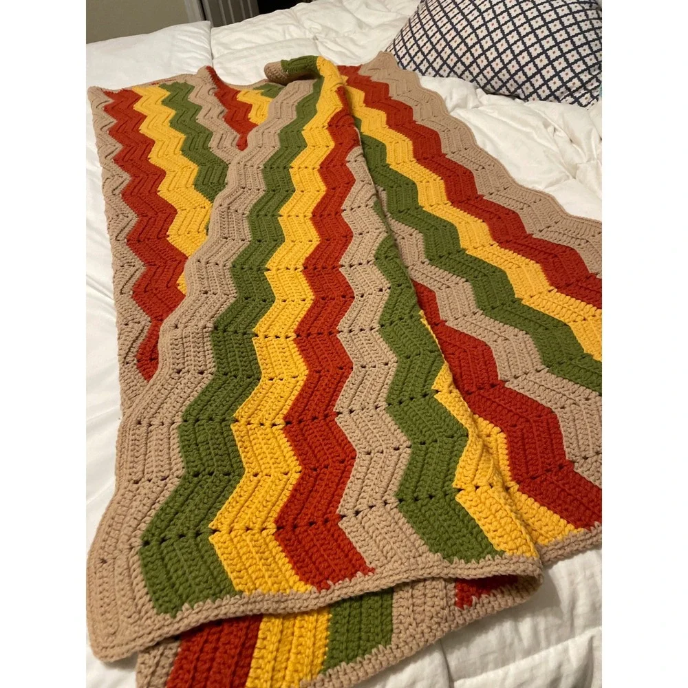 Vintage Handmade Crochet Chevron Afghan Blanket Zig Zag Orange Yellow Green Tan